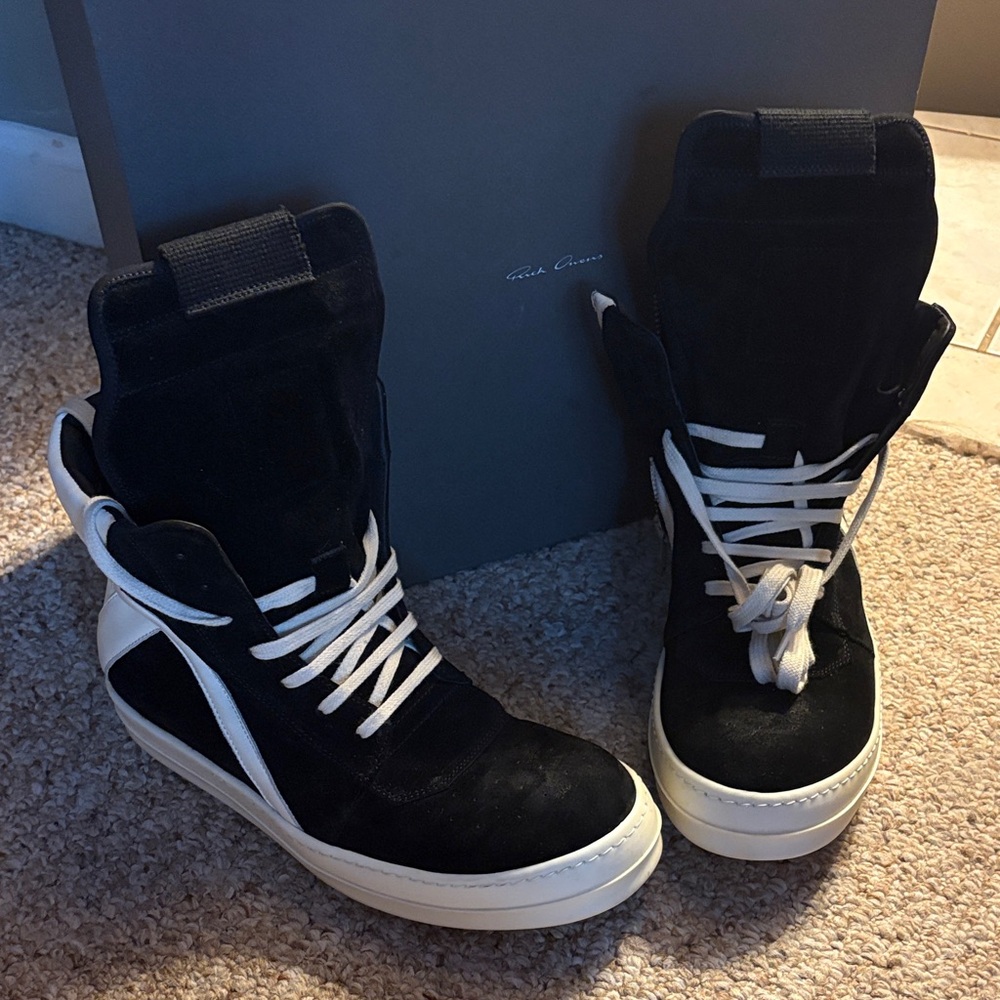 Rick Owens Black and White High-Top Sneakers